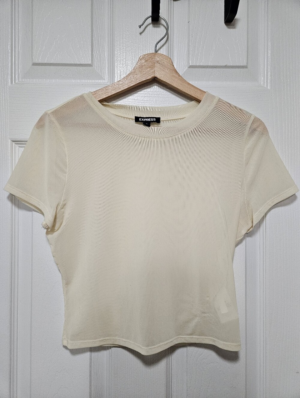Express Short Sleeve Mesh/Sheer Cropped Tee - Cream